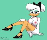  2020 accessory anatid anseriform anthro avian bird black_clothing black_footwear black_shoes breasts clothing daisy_duck disney duck ducktales ducktales_(2017) exposed_breasts feathers female footwear green_background hair_accessory hair_bow hair_ribbon hi_res high_heels mrchasecomix nipples non-mammal_breasts ribbons shirt_down shoes simple_background sitting solo white_body white_feathers 