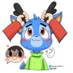  1:1 ? animal_crossing anthro bam_(animal_crossing) blue_body blue_fur blush cervid duo freckles fur hanuvo horn horn_grab human male male/male mammal naughty_face nintendo video_games villager_(animal_crossing) 