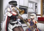  2girls absurdres admiral_graf_spee_(azur_lane) armpits azur_lane bangs black_gloves black_legwear blunt_bangs breasts cape character_doll cleavage commentary deal_with_it detached_sleeves duplicate eyebrows_visible_through_hair fur_collar fur_trim gloves graf_zeppelin_(azur_lane) graphite_(medium) hair_between_eyes hair_ornament hat height_difference highres holding holding_instrument instrument iron_cross kitchen long_hair looking_at_another matsunaga_maguro meme microwave military military_hat military_uniform mole mole_under_eye multiple_girls music oven pantyhose peaked_cap pencil playing_instrument pleated_skirt silver_hair sitting size_difference skirt sunglasses toaster traditional_media trombone uniform when_mama_isn&#039;t_home white_gloves white_hair z46_(azur_lane) 