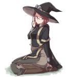  1girl boots closed_mouth fingerless_gloves fire_emblem fire_emblem_awakening full_body glasses gloves grass hand_up hat jiino kneeling looking_at_viewer miriel_(fire_emblem) red_hair short_hair sitting solo white_background witch_hat 