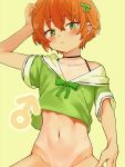  1boy black_choker blush bow bra_strap choker cowboy_shot cropped_shirt green_background green_bow green_eyes green_shirt green_theme grey_sailor_collar hair_bow hand_up looking_at_viewer male_focus mars_symbol navel nise_(basilsis) orange_hair original otoko_no_ko out-of-frame_censoring parted_lips sailor_collar shirt short_hair short_sleeves simple_background solo stomach swimsuit_tan tan topless 