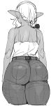  1girl ass bare_shoulders commentary dark_skin elf-san_wa_yaserarenai. from_behind highres kuroeda-san monochrome pointy_ears simple_background sketch solo synecdoche thick_thighs thighs white_background wide_hips 