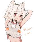  1girl :3 animal_ears closed_mouth crop_top ddari hand_up highres inubashiri_momiji korean_text looking_at_viewer medium_hair navel red_eyes shirt simple_background smile solo solo_focus touhou upper_body white_hair white_shirt wolf_ears 