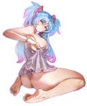  1girl armpits ass bangs bare_shoulders barefoot blue_hair blush bow_(bhp) breasts lingerie long_hair looking_at_viewer original panties purple_eyes simple_background sitting solo two_side_up underwear wariza white_background 