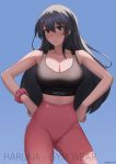  1girl bangs bare_shoulders black_hair black_sports_bra blue_background breasts brown_eyes character_name cleavage cowboy_shot echt hair_between_eyes hair_ornament hairclip hand_on_hip haruna_(kantai_collection) highres kantai_collection large_breasts long_hair midriff pants pink_pants pink_scrunchie scrunchie smile sports_bra standing toned yoga_pants 
