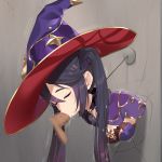  1girl bent_over bow breasts capelet choker closed_eyes cracked_wall erection fellatio fur_trim genshin_impact glory_wall hair_bow hat highres mona_(genshin_impact) motion_lines mvv open_mouth oral penis purple_hair restrained saliva saliva_trail solo_focus stuck through_wall twintails witch_hat 