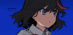  1girl 2020 black_hair blue_background blue_eyes collared_shirt dated dot_nose dress_shirt ears english_text eyebrows_visible_through_hair highres kill_la_kill long_image looking_to_the_side matoi_ryuuko multicolored_hair open_mouth red_hair shadow shirt simple_background solo streaked_hair takatisakana tareme translation_request white_shirt wide_image 