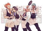  4boys :d alternate_costume apron archie_(pokemon) arm_hair augustine_sycamore black_hair black_pants black_vest blue_bandana collared_shirt commentary_request cup facial_hair frying_pan glasses holding holding_frying_pan kusuribe lysandre_(pokemon) male_focus maxie_(pokemon) multiple_boys necktie one_eye_closed open_mouth orange_hair orange_neckwear pants pokemon pokemon_(game) pokemon_oras pokemon_xy purple_neckwear red_hair red_neckwear saucer shirt smile teacup teeth tongue tray vest waist_apron 