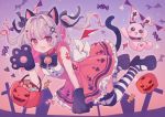  1girl :d animal_ear_fluff animal_ears bell black_bow black_footwear black_gloves bow candy_wrapper cat_ears cat_girl cat_tail center_frills collar fang frilled_skirt frills gloves grey_hair hair_bow hair_intakes hair_ornament hairclip heart heart_hair_ornament jingle_bell karunabaru kemonomimi_mode long_hair makaino_ririmu multicolored_hair nijisanji open_mouth pennant pink_hair platform_footwear platform_heels pleated_skirt red_collar red_skirt shirt shoes skirt smile solo streaked_hair string_of_flags striped striped_legwear stuffed_animal stuffed_bunny stuffed_toy tail thighhighs two-tone_hair two_side_up virtual_youtuber white_shirt x_hair_ornament 