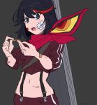  1girl 2020 absurdres bandage_on_face bandages bandaid bangs black_hair bleeding blood breasts bruise case commentary_request crop_top dated groin hair_between_eyes highres injury jacket kill_la_kill matoi_ryuuko medium_breasts messy_hair multicolored_hair navel overalls pants raised_eyebrow red_hair red_jacket red_neckwear red_pants scarf senketsu shiny shiny_hair solo streaked_hair takatisakana track_jacket track_pants track_suit tsurime 