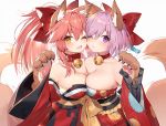  2girls ;&lt; ;d animal_ears bare_shoulders bell bell_collar blush bow breast_press breasts cheek-to-cheek cleavage collar commentary_request detached_sleeves face-to-face fate/extra fate/grand_order fate_(series) floral_print fox_ears fox_girl fox_tail gloves hair_between_eyes hair_bow hair_over_one_eye hand_up japanese_clothes kimono large_breasts long_hair long_sleeves looking_at_viewer mash_kyrielight medium_hair multiple_girls muryotaro no_bra off-shoulder_kimono one_eye_closed open_mouth orange_eyes paw_gloves paw_pose paws pink_hair ponytail purple_eyes purple_hair red_bow red_collar red_kimono simple_background smile symmetrical_docking tail tamamo_(fate)_(all) tamamo_cat_(fate) upper_body white_background wide_sleeves 