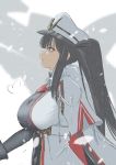  1girl azur_lane bangs black_hair breasts cape commentary_request dress from_side fur_trim hat highres large_breasts layered_dress military military_hat military_uniform mitsugu mole mole_under_eye multicolored multicolored_clothes multicolored_dress peaked_cap peter_strasser_(azur_lane) sidelocks snowing twintails uniform white_headwear 