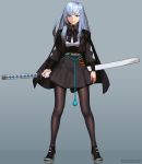  1girl ankle_boots belt black_cape black_skirt blue_eyes blue_hair boots cape commentary eirashard english_commentary full_body hand_on_hilt high_heel_boots high_heels highres katana long_hair long_sleeves neck_ribbon original pantyhose parted_lips ribbon sheath sheathed skirt solo standing sword unsheathing weapon 