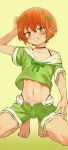  1boy black_choker blush bow bra_strap bulge choker cropped_shirt dot_nose green_background green_bow green_eyes green_shirt green_shorts green_theme grey_sailor_collar hair_bow hand_up kneeling looking_at_viewer male_focus navel nise_(basilsis) orange_hair original otoko_no_ko panty_straps sailor_collar shirt short_hair short_shorts short_sleeves shorts simple_background smile solo stomach tan 