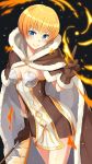  1girl bangs black_background blonde_hair blue_eyes blush bob_cut breasts brown_cape brown_dress brown_gloves cape closed_mouth commentary cowboy_shot dress eyebrows_visible_through_hair fire fur-trimmed_cape fur-trimmed_gloves fur_trim gloves high_wizard_(ragnarok_online) highres holding holding_wand ike_masato index_finger_raised katheryne_keyron looking_at_viewer magic ragnarok_online short_dress short_hair simple_background small_breasts smile solo two-sided_cape two-sided_fabric two-tone_dress wand white_cape white_dress 