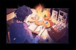  1boy augustine_sycamore black_border black_hair book border charmander collared_shirt commentary_request cup fire flame gen_1_pokemon glint holding holding_book kusuribe male_focus outside_border photo_(object) pokemon pokemon_(creature) pokemon_(game) pokemon_xy popped_collar purple_shirt reading shirt signature sitting starter_pokemon steam table teacup tray 