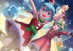  2girls :d armpits arms_up bloomers blue_bow blue_eyes blue_hair bow bowtie brown_gloves christmas cirno daiyousei eyebrows_visible_through_hair fairy_wings gloves green_eyes green_hair green_neckwear hair_bow hat highres ice ice_wings long_sleeves looking_at_viewer mini_hat multiple_girls open_mouth red_gloves red_headwear sakumichi santa_costume santa_hat short_hair side_ponytail sleeveless smile thighs touhou underwear upper_teeth wings 