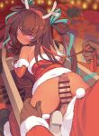  1boy 1girl antlers ass bar_censor bare_shoulders blade_(galaxist) blush boots bound bound_wrists brown_hair censored christmas commentary_request dress elbow_gloves eyebrows_visible_through_hair from_behind fur_trim gift gloves hair_ribbon hetero imminent_sex leg_grab long_hair looking_back mizuki_yukikaze penis purple_eyes red_dress red_gloves reindeer_antlers ribbon santa_costume shoes solo_focus sweat taimanin_(series) taimanin_yukikaze tan tanline tears 