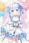  &gt;_&lt; 1girl :o animal animal_ears balloon bangs beret blue_bow blue_eyes blue_skirt blush bow breasts bunny bunny_ears cleavage commentary_request eyebrows_visible_through_hair garter_straps hair_between_eyes hair_bow hair_ornament hairclip hat highres long_hair looking_at_viewer medium_breasts original parted_lips pink_background pleated_skirt puffy_short_sleeves puffy_sleeves satsuki_yukimi shirt short_sleeves skirt solo star_(symbol) star_hair_ornament thighhighs tilted_headwear twintails two-tone_background very_long_hair white_background white_hair white_headwear white_legwear white_shirt wrist_cuffs x_hair_ornament 