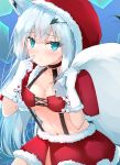 1girl :&lt; absurdres animal_ears azur_lane bangs black_choker blue_background blue_eyes blush breasts capelet carrying_over_shoulder choker cleavage closed_mouth collarbone commentary_request cowboy_shot elbow_gloves eyebrows_visible_through_hair finger_to_face fox_ears fur-trimmed_capelet fur-trimmed_skirt fur_trim gloves hair_between_eyes highres holding holding_sack hood hood_up hooded_capelet kawakaze_(azur_lane) long_hair looking_at_viewer midriff navel red_capelet red_skirt ryou_(ryo_217cafe) sack sidelocks silver_hair skirt solo standing starry_background suspender_skirt suspenders underboob white_gloves 