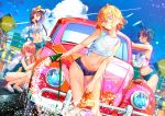  bangs blue_hairband blue_ribbon blue_shorts braid breasts brown_eyes brown_hair car car_wash cleaning collarbone crop_top cutoffs denim denim_shorts ground_vehicle hairband holding holding_sponge hose kanojo_okarishimasu mizuhara_chizuru motor_vehicle nanami_mami navel red_hair ribbon sakurasawa_sumi sarashina_ruka shirt short_shorts shorts side_braid soap soap_bubbles sponge sydus tank_top washing wet wet_clothes wet_shirt wet_t-shirt 