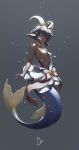  1girl :&lt; animal_ears asymmetrical_clothes bare_arms bare_shoulders blonde_hair bow breasts capricorn_(constellation) closed_mouth dark_skin full_body grey_background grey_hair highres horns mermaid monster_girl one_breast_out original pasties pink_bow short_hair simple_background small_breasts solo sparkle star_(symbol) star_pasties symbol_commentary water_drop y.i._(lave2217) 