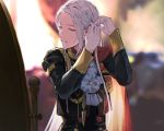  1girl adjusting_hair capelet edelgard_von_hresvelg fire_emblem fire_emblem:_three_houses forehead garreg_mach_monastery_uniform gloves hair_ribbon hair_tie_in_mouth indoors juliet_sleeves long_hair long_sleeves mirror mouth_hold parted_lips puffy_sleeves purple_eyes purple_ribbon red_capelet ribbon ribbon_in_mouth solo sophie_(693432) teeth uniform white_gloves white_hair 