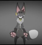  anthro canid canine chest_tuft collar_with_bell dark_markings domestic_cat drone dyed-hair ear_piercing felid feline felis fox fur grey_body grey_fur hybrid kino_(kinosnight) kinosnight male mammal piercing rubber shiny_(disambiguation) solo tuft visor zipper 