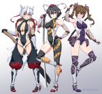  3girls adapted_costume animal_ears bare_shoulders black_hair blush breasts brown_eyes brown_hair cleavage closed_mouth commentary_request eyebrows_visible_through_hair full_body gradient gradient_background grey_background grin groin hair_ribbon hand_on_hip hat highres himekaidou_hatate holding holding_sword holding_weapon inubashiri_momiji long_hair looking_at_viewer medium_breasts multiple_girls ootsuki_wataru pointy_ears pom_pom_(clothes) purple_ribbon red_eyes red_headwear ribbon shameimaru_aya sheath sheathed short_hair simple_background smile standing standing_on_one_leg sword tail tassel tokin_hat touhou twintails twitter_username vambraces weapon white_hair wolf_ears wolf_tail 