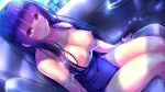  blush breasts car cleavage long_hair nipples original polychromatic purple_eyes purple_hair school_swimsuit swimsuit toenketsu 