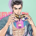  1boy abs background_text bare_pecs bathrobe black_hair character_mask closed_mouth commentary diamond_wa_kudakenai drop_shadow english_commentary green_background green_eyes holding holding_mask jojo_no_kimyou_na_bouken kuujou_joutarou looking_down male_focus mask muscular muscular_male pectorals short_hair solo star_platinum upper_body zzyzzyy 