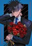  1boy absurdres arm_behind_head bangs bikkusama black_background black_hair black_jacket black_suit blue_background blue_eyes blue_neckwear bouquet character_name closed_mouth collared_shirt dress_shirt flower formal fushiguro_megumi hair_between_eyes happy_birthday highres holding holding_bouquet jacket jujutsu_kaisen long_sleeves looking_at_viewer male_focus necktie rose shirt short_hair solo spiked_hair suit tsurime upper_body white_shirt 