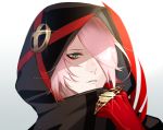  1boy artist_name black_coat brass_knuckles close-up coat colored_skin emily-ebarrola expressionless eyeshadow face fate/grand_order fate_(series) gloves gradient_hair green_eyes hair_over_one_eye hood hood_up karna_(santa)_(fate) makeup male_focus multicolored_hair orange_hair pink_hair portrait red_gloves short_hair solo tsurime weapon white_skin 