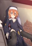  1girl after_sex against_wall bags_under_eyes bandaged_fingers bandaged_hands bandages black_legwear blurry breasts cum depth_of_field habit highres long_hair nun ogami_kazuki orange_hair original patch purple_eyes small_breasts solo tears thighhighs torn_clothes torn_legwear 