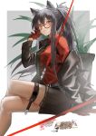  1girl animal_ears arknights arm_up bespectacled black_hair black_jacket black_shorts chain crossed_legs feet_out_of_frame glasses gloves green_neckwear hair_between_eyes highres jack_of_spades jacket long_hair looking_at_viewer necktie off_shoulder official_alternate_costume open_clothes open_jacket orange_eyes plant ponytail queen_of_hearts_(card) red_gloves red_shirt shirt shorts sitting solo texas_(arknights) texas_(willpower)_(arknights) thigh_strap tied_hair very_long_hair wolf_ears yolanda 