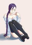  1girl absurdres bell black_legwear braid breasts chikujouin_magane cleavage collarbone eyes_visible_through_hair full_body grin hair_bell hair_between_eyes hair_ornament half-pencil highres long_hair no_shoes purple_hair re:creators sharp_teeth shirt single_braid smile soles solo teeth thighhighs white_shirt yellow_eyes 