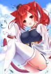  1girl :d animal_ears asakura_with_azu azur_lane blush breasts bubble cat_ears cat_tail i-19_(azur_lane) jacket large_breasts legs long_hair open_clothes open_jacket open_mouth red_eyes red_hair sleeves_past_fingers sleeves_past_wrists smile solo tail thighhighs twintails white_legwear 