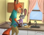  2020 absurd_res anthro canid canine curtains detailed_background disney duo eyes_closed female fox fur grey_body grey_fur hi_res judy_hopps kitchen knife lagomorph leporid male mammal nick_wilde open_mouth open_smile orange_body orange_fur rabbit raspberrieswh red_fox signature sink sitting smile standing window zootopia 