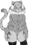  1girl :&lt;&gt; animal_ears artist_name bangs bow bow_panties bowtie buttons coffeechicken earmuffs fur-trimmed_jacket fur_trim furry greyscale highres jacket looking_to_the_side monochrome no_pants open_mouth original panties personification pocket short_hair simple_background skindentation striped striped_panties tail thighhighs tiger_ears tiger_tail underwear watermark whiskers white_background 