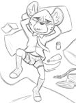  aggressive_retsuko anthro belt black_and_white book bottle boxer_briefs bulge can clothing footwear haida hands_behind_head hyaenid male mammal monochrome necktie oxford_shirt pants_off pillow sanrio shoes sketch solo teeth_showing thegreatmatsutzu underwear 