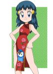  1girl blue_eyes blue_hair breasts china_dress chinese_clothes dawn_(pokemon) dress gen_4_pokemon hainchu hair_ornament hat long_hair looking_at_viewer midriff piplup pokemon pokemon_(game) pokemon_dppt simple_background smile solo 