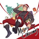  1boy 47 :o adjusting_clothes adjusting_headwear alternate_costume bara black_shirt blue_eyes boots box brown_hair christmas_tree collared_shirt covered_abs creature cross-laced_footwear english_text facial_hair fate/grand_order fate_(series) fou_(fate/grand_order) full_body fur-trimmed_legwear fur_trim gift gift_box gift_wrapping goatee hat knee_boots leaning_back leather leather_boots long_sleeves looking_at_viewer male_focus merry_christmas muscular muscular_male napoleon_bonaparte_(fate/grand_order) one_eye_closed pants pectorals red_pants red_scarf santa_costume santa_hat scarf shirt short_hair sideburns skin_tight smile solo taut_clothes taut_shirt thick_thighs thighs tight tight_pants 