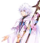  1boy bangs beckoning bishounen cape fate/grand_order fate_(series) hair_between_eyes highres holding holding_staff light_smile long_hair long_sleeves looking_at_viewer male_focus merlin_(fate) okuno_naru_(exoprsa) purple_eyes robe simple_background solo staff upper_body very_long_hair white_background white_cape white_hair 