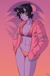  1girl abs absurdres ahoge baggy_clothes bikini black_hair breasts buttons cleavage colored_skin gradient gradient_background highres hood hoodie horns ittla jacket long_sleeves looking_at_viewer oni oni_horns open_clothes open_jacket open_mouth original pink_jacket pins pointy_ears purple_skin short_hair signature simple_background small_breasts standing swimsuit toned ume_(ittla) vaporwave yellow_eyes 