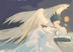  2boys absurdres angel_wings bed_sheet black_hair blue_eyes book brown_eyes child feathered_wings gon_freecss highres hunter_x_hunter k.g_(matsumoto_zo) killua_zoldyck lantern looking_at_another male_focus messy_hair multiple_boys on_bed open_book pillow short_hair silver_hair skinny sleeping spiked_hair white_hair wings 
