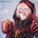  1boy black_coat box coat colored_skin eeveetachi eyeshadow fate/grand_order fate_(series) gift gift_box gift_wrapping gloves green_eyes hair_over_one_eye highres holding holding_gift hood hood_up karna_(santa)_(fate) looking_at_viewer makeup male_focus pink_hair red_gloves short_hair smile snowflakes solo tsurime upper_body white_skin 