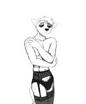  2020 anthro bags_under_eyes black_and_white canid canine canis clothed clothing crossdressing garter_belt garter_straps ghost_pupper&#039;s_boyfriend hi_res hladilnik legwear male mammal monochrome panties sad solo stockings topless underwear wolf 