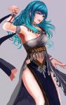  1girl absurdres armlet armpits bangs blue_eyes blue_hair breasts byleth_(fire_emblem) byleth_(fire_emblem)_(female) cleavage dancer fire_emblem fire_emblem:_three_houses floating_hair grey_background groin hair_between_eyes highres jack_(kairuhaido) long_hair looking_at_viewer medium_breasts open_mouth shiny shiny_hair simple_background sketch solo standing 