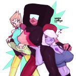  &lt;3 amethyst_(steven_universe) big_breasts blush breast_size_difference breasts cartoon_network cleavage clothed clothing female female/female garnet_(steven_universe) gem_(species) grope groping_crotch group hair hair_over_eye halter_top hand_on_breast holding_breast humanoid lips megaomega midriff navel one_eye_obstructed pearl_(steven_universe) shirt_grab signature simple_background sleeveless_shirt small_breasts steven_universe thick_lips white_background 