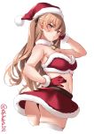  1girl ass black_panties blush breasts brown_eyes christmas cowboy_shot dress ebifurya fur-trimmed_dress fur-trimmed_headwear fur_trim gloves hair_ribbon hat highres johnston_(kantai_collection) kantai_collection large_breasts light_brown_hair looking_back panties red_dress red_gloves ribbon santa_costume santa_hat twintails twitter_username underwear white_background 